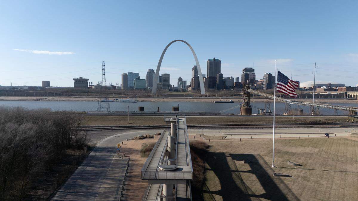 This drone image shows an overview of the viewing platform within Malcolm W. Martin park in East St. Louis with the Gateway Arch in the background.