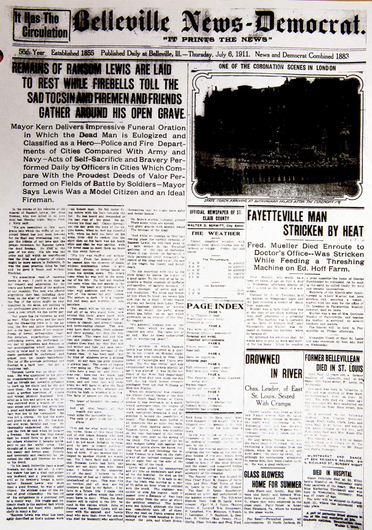 A July 6, 1911 article in the Belleville News-Democrat describes the furneral of firefighter Ransom Lewis.