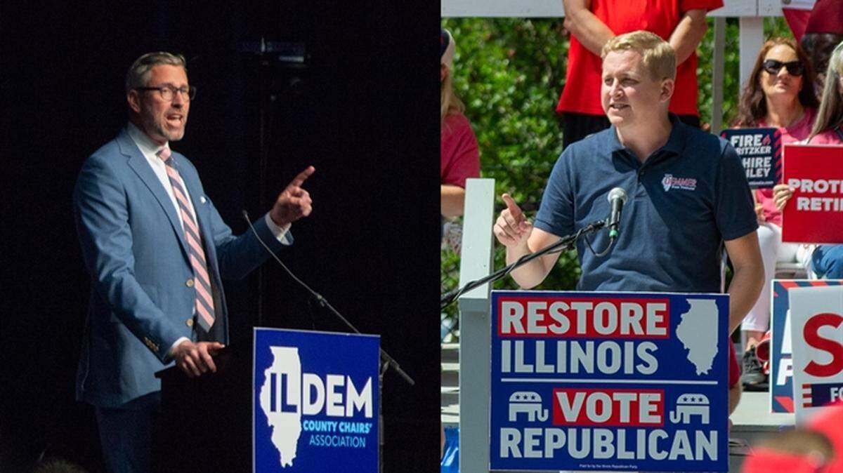 State Treasurer Michael Frerichs, left, and his opponent Tom Demmer are pictured during Illinois State Fair political days in Springfield.
