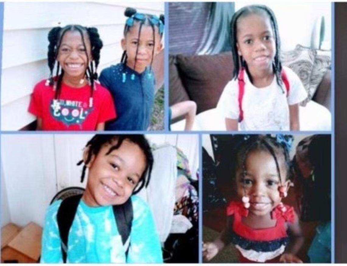From left to right: 8-year-old twins Neveah Dunigan and Heaven Dunigan; Deontae Davis Jr., 9; Jabari Johnson, 4; and Loy’el Dunigan, 2. The five childen died in an Aug. 6, 2021, fire at their home.