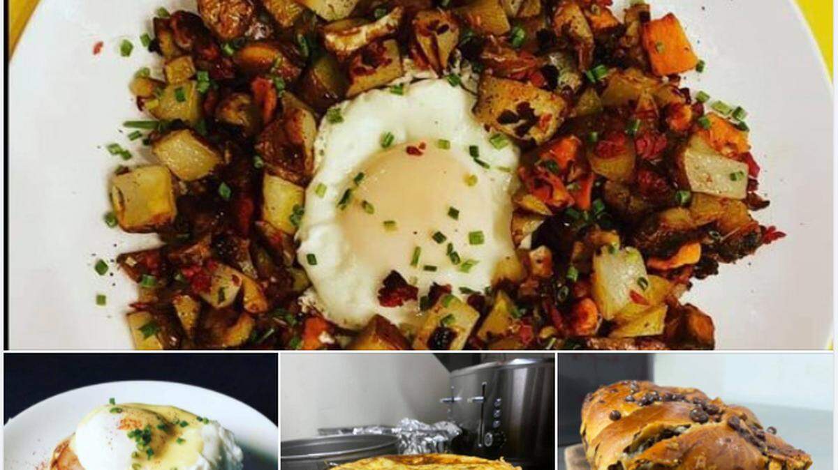 Items on the menu at Sacred Grounds Café include corned beef hash, eggs benedict, quiche and chocolate babka.