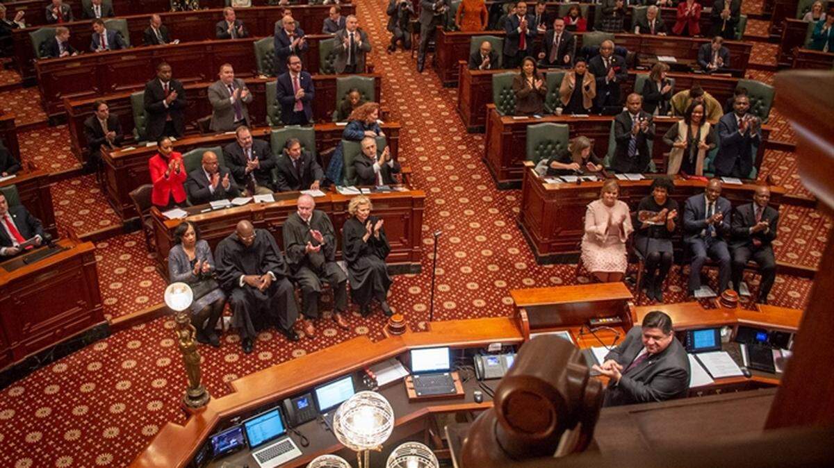 State law makers at the Illinois Capitol in Springfield listen to the governor’s State-of-the-State address earlier this month.