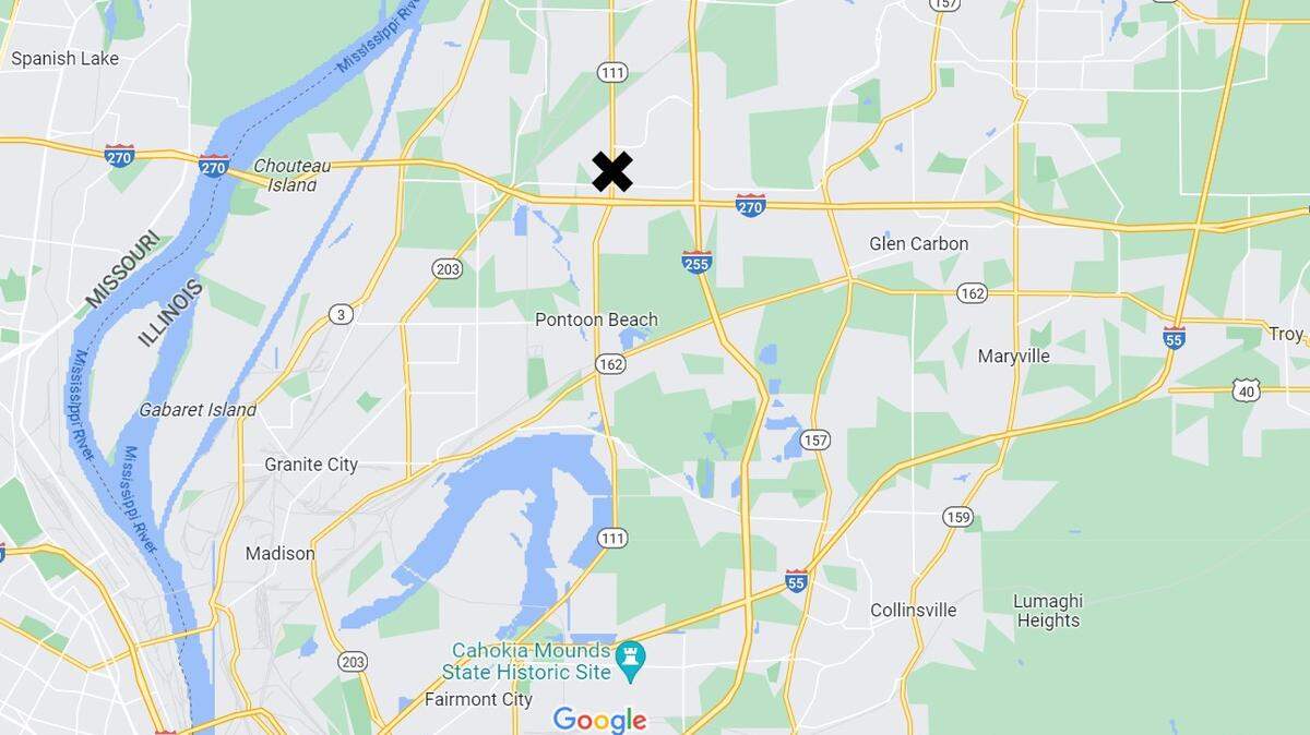 An X marks the spot along Illinois 111, near Bel Air Drive, in Pontoon Beach, where an East St. Louis man allegedly hit and killed a woman he had been in a relationship with at times.