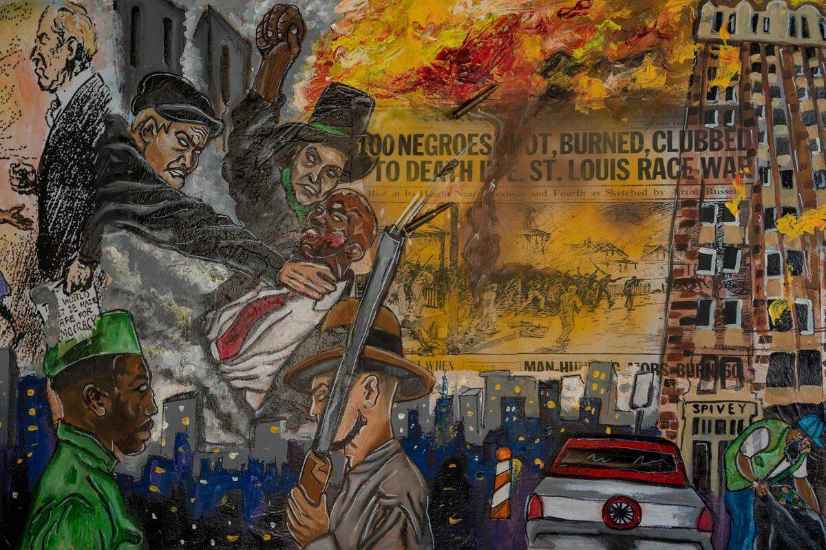 Mykael Ash’s painting “The Gathering” depicts the East St. Louis race riot of 1917, which left as many as 200 Black residents dead after white mobs terrorized the city for three days. Ash uses discarded bullet shells and other found objects as elements in his artwork. (Whitney Curtis for KHN)