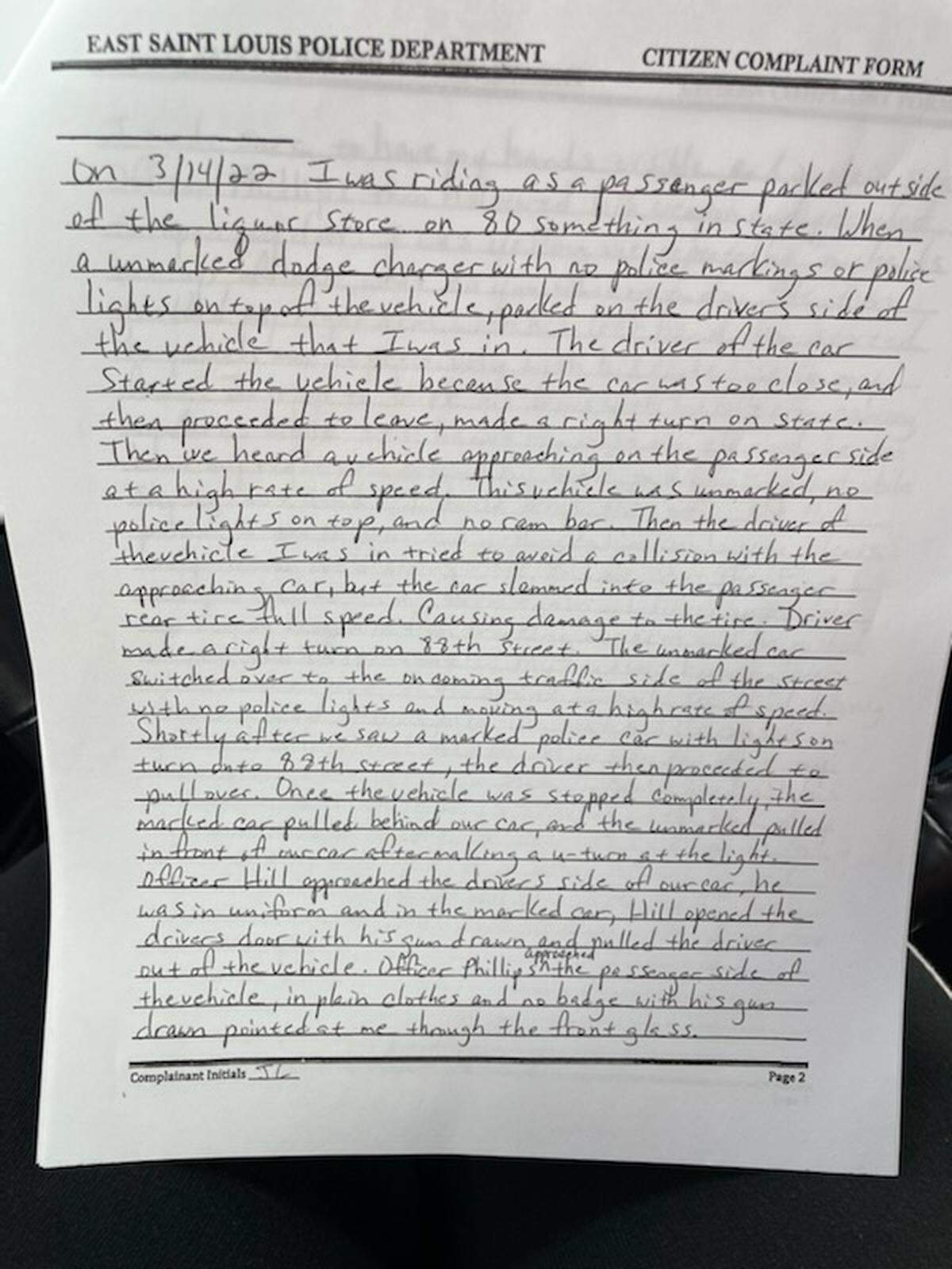 A picture of the first page of the written complaint that Jaylen Lacey filed against the East St. Louis Police Department on March 18