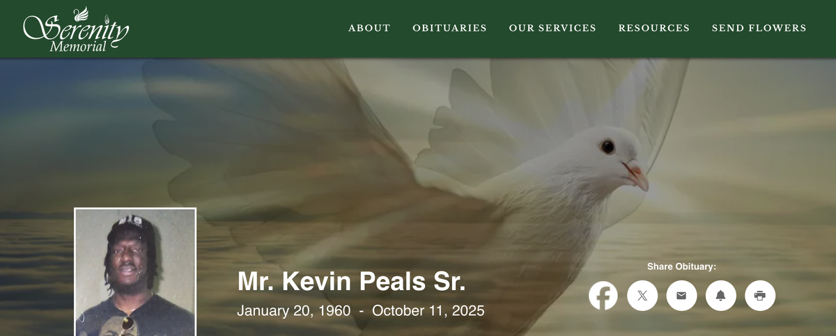 Screenshot showing the obituary of Kevin Peals Sr. as posted by Serenity Memorial in Belleville.