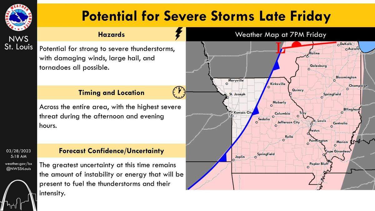 The metro-east could be in the line of fire for severe weather Friday. How severe remains murky at this point. According to Brad Charboneau, a meteorologist with the National Weather Service of St. Louis, essentially anything is on the table&nbsp;— from potential tornado development to only rain showers.