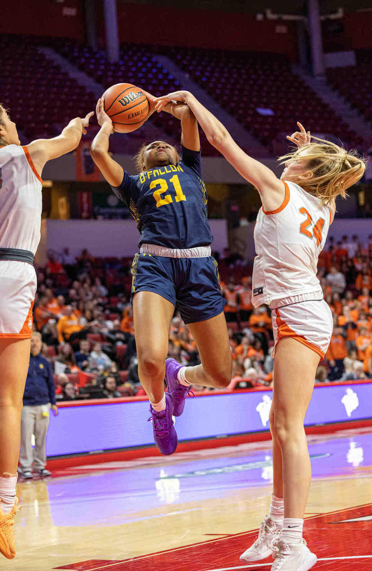 O’Fallon’s Shannon Dowell puts up a shot during Friday’s IHSA Class 4A state semifinal game against Hersey. The Panthers ultimately prevailed 77-60 to advance to the state title game.