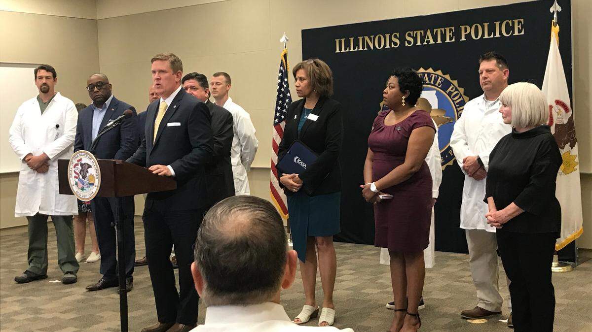 Brendan Kelly, director of the Illinois State Police, talks about the new ISP Forensic Science Institute being established in Belleville at a press conference with state and local officials on Friday.