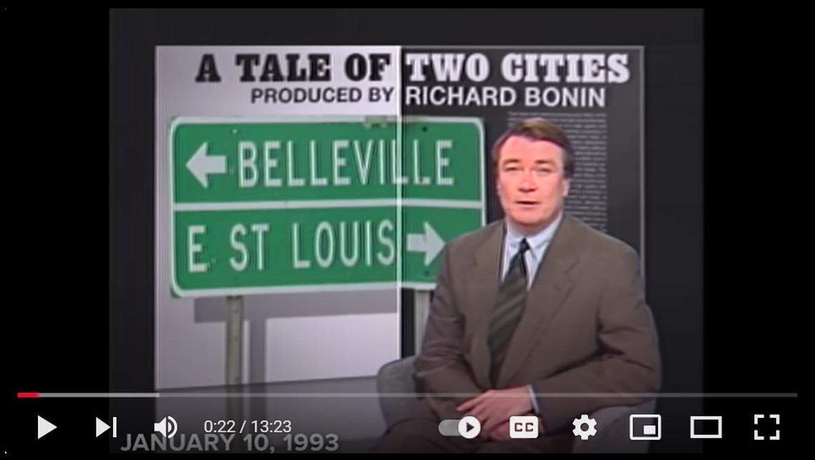 “60 Minutes” correspondent Steve Kroft, now retired, is shown in a screenshot from a 1993 episode called “A Tale of Two Cities” about alleged racism in Belleville against East St. Louis residents.
