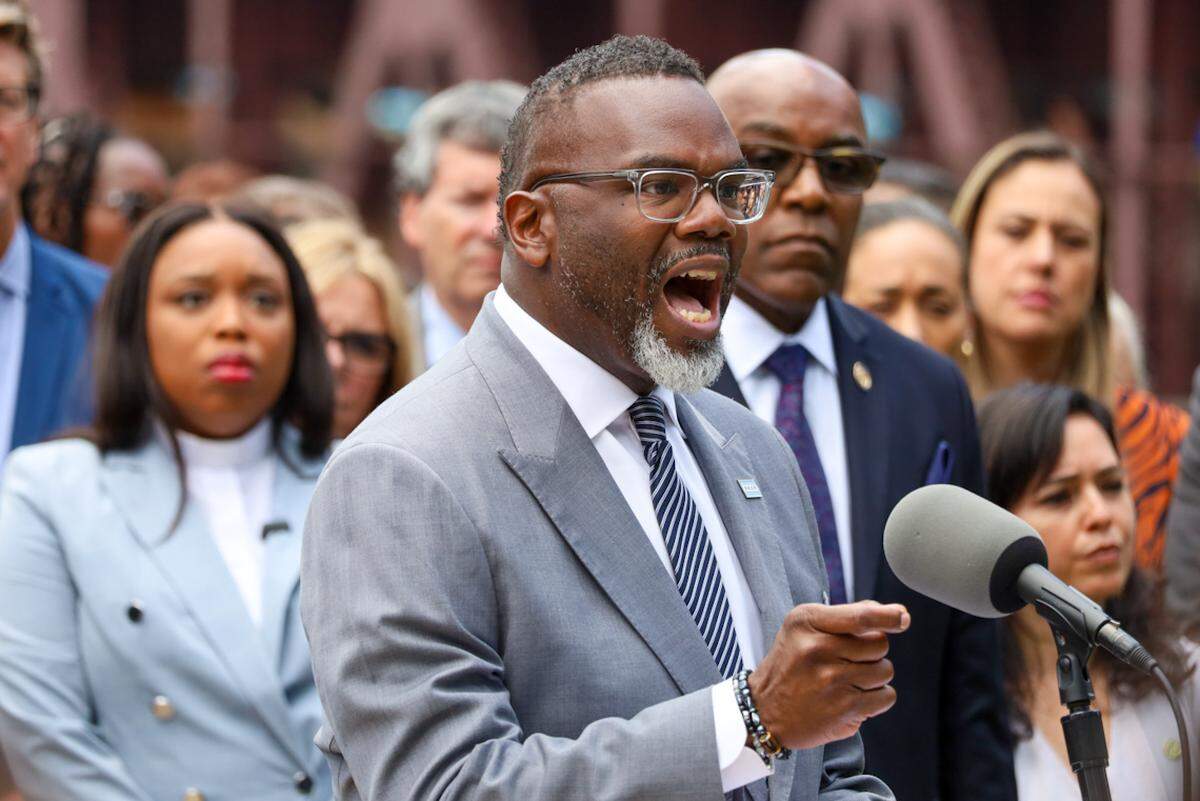 Chicago Mayor Brandon Johnson speaks against President Donald Trump on Aug. 25, 2025. Johnson called on the Trump administration to release funds held up that were meant for violence prevention.