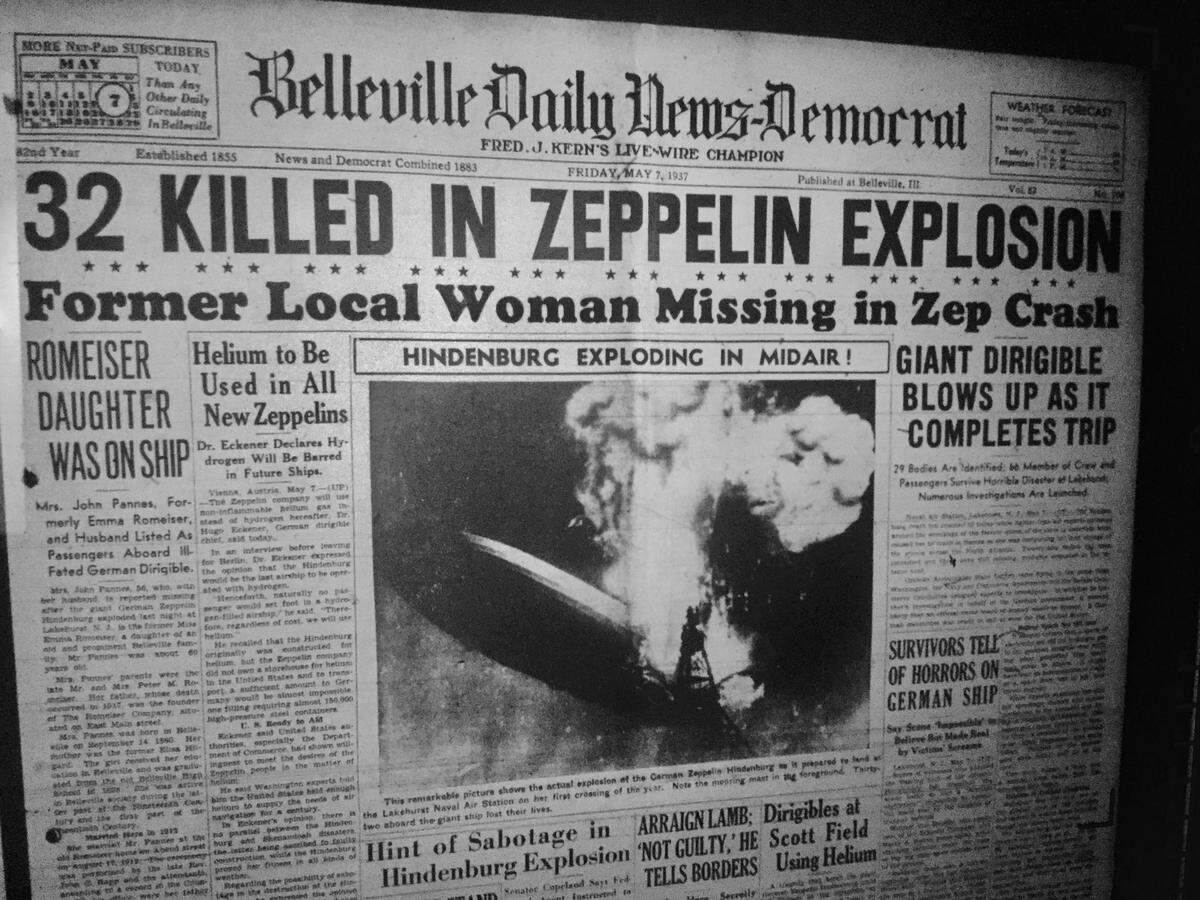 The "former local woman missing in zep crash" mentioned on the front page of the Belleville News-Democrat was Emma Romeiser Pannes.