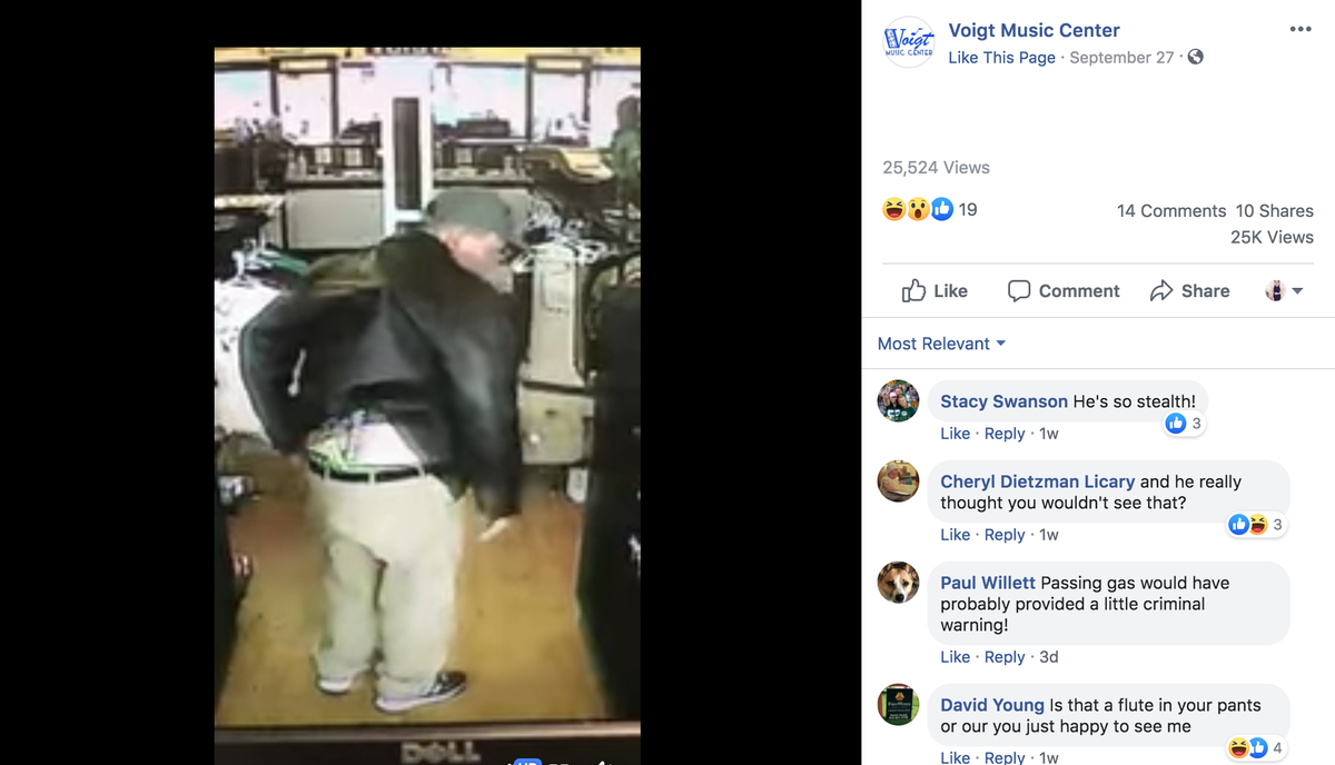 A music store in Wisconsin says a man tried to steal a flute by hiding it in his pants.