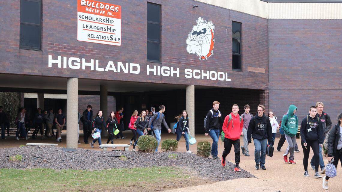 Students leaving Highland High School at the end of the day.