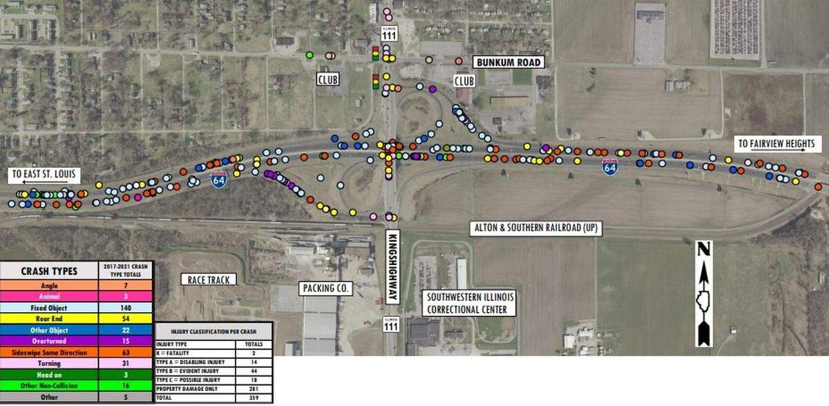 This map shows locations and types of vehicle accidents in the past five years at the Interstate 64 and Illinois 111 interchange, which includes two looping ramps. The new diamond-shaped design will improve safety, according to Illinois Department of Transportation officials.