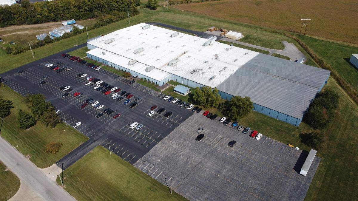 This drone image shows the Belleville Shoe Manufacturing Co. factory at 100 Premier Drive, off Illinois 158, on the east edge of Belleville. It employs about 200 people who make military boots.