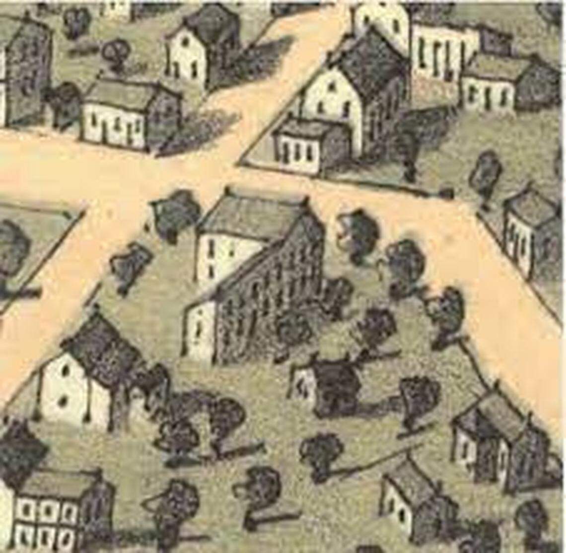 This 1867 lithograph shows the home of Gustave and Sophie Koerner, center, at the intersection of what is now Mascoutah Avenue (formerly Shawneetown Road) and Abend Street in Belleville.