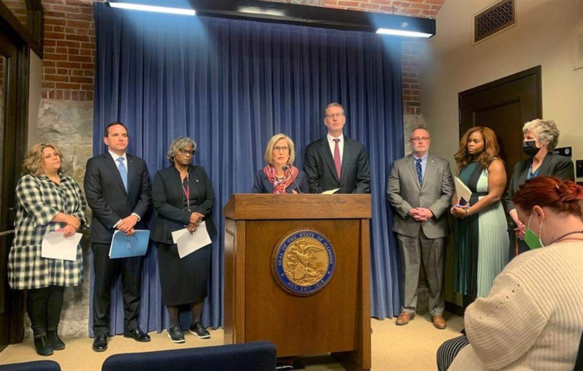 Sen. Suzy Glowiak Hilton, D-Western Springs, outlines a measure addressing organized retail crime and illicit trade at a news conference Tuesday. The measure defines organized retail crime in law and provides greater charging authority to prosecutors against retail crime.