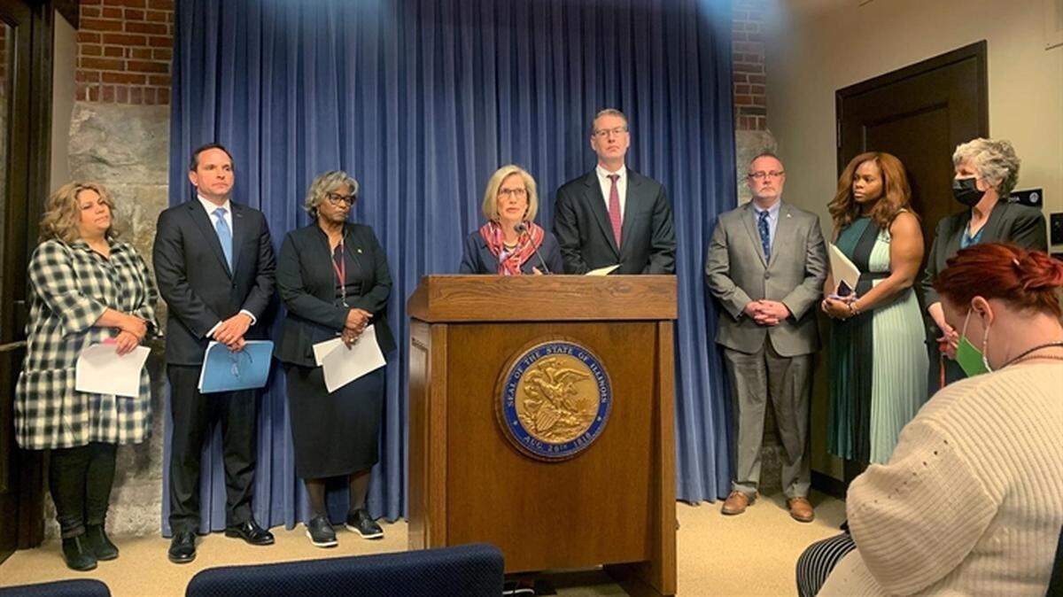 Sen. Suzy Glowiak Hilton, D-Western Springs, outlines a measure addressing organized retail crime and illicit trade at a news conference Tuesday. The measure defines organized retail crime in law and provides greater charging authority to prosecutors against retail crime.