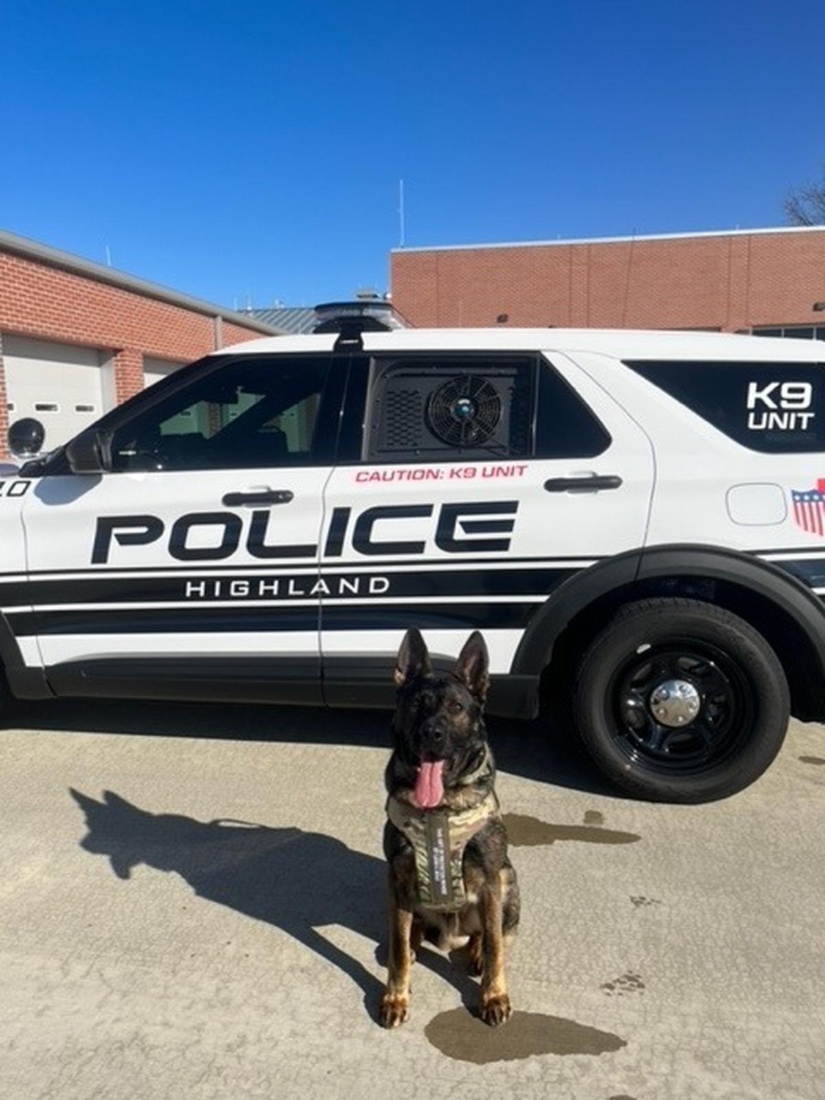Pictured is Hondo, Highland’s 20-month-old German shepherd K-9 officer. Partnered with Officer Brad Sutton, the duo recently went through 240 hours of training at the St. Louis Metro K-9 Academy,