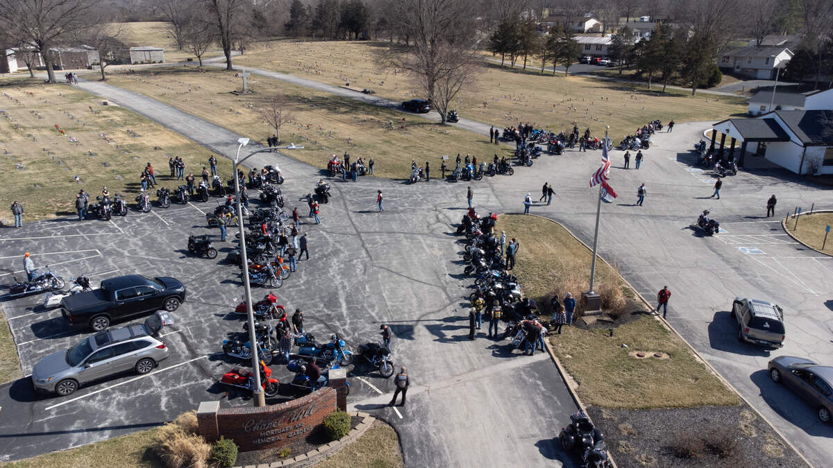 Motorcyclists and family gather in Cedar Hill, Missouri for the funeral of Sharli Edmonds and Chad Metcalf, who died in a house fire in Cahokia Heights on Feb. 24.