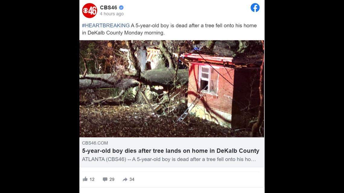 A 5-year-old Georgia boy is dead after a tree fell on his DeKalb County home on Jan. 3, fire officials said.