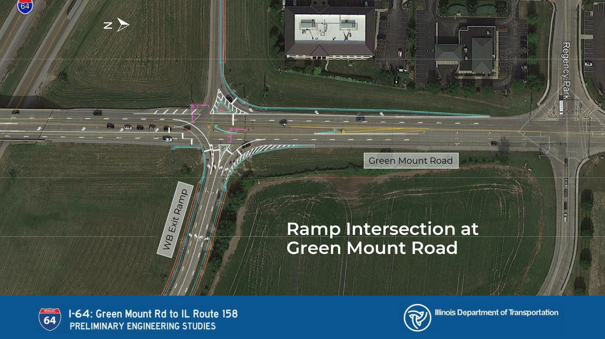 This slide from an Illinois Department of Transportation presentation about planned work on North Green Mount Road shows the proposed westbound Interstate 64 exit ramp widening.