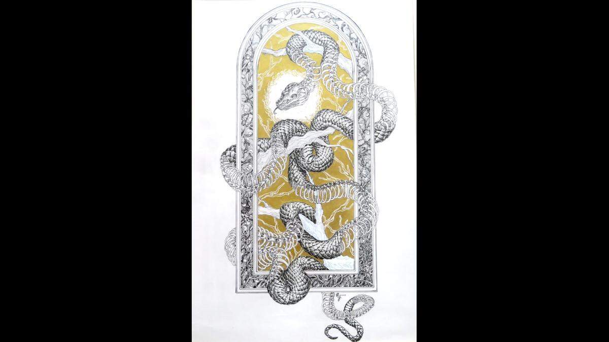 Rebecca Yee of Belleville East High School won an Award of Merit, a People’s Choice Award, an Artist’s Choice Award and a Wm. Evans Memorial Award for the pen and ink artwork “Decomposition” at Belleville’s 2023 fine arts show Art on the Square.