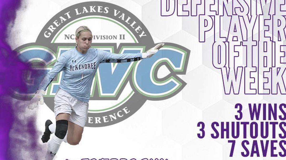 Zoe Brochu, a member of the McKendree University women’s soccer team, repeated at GLVC defensive player of the week.