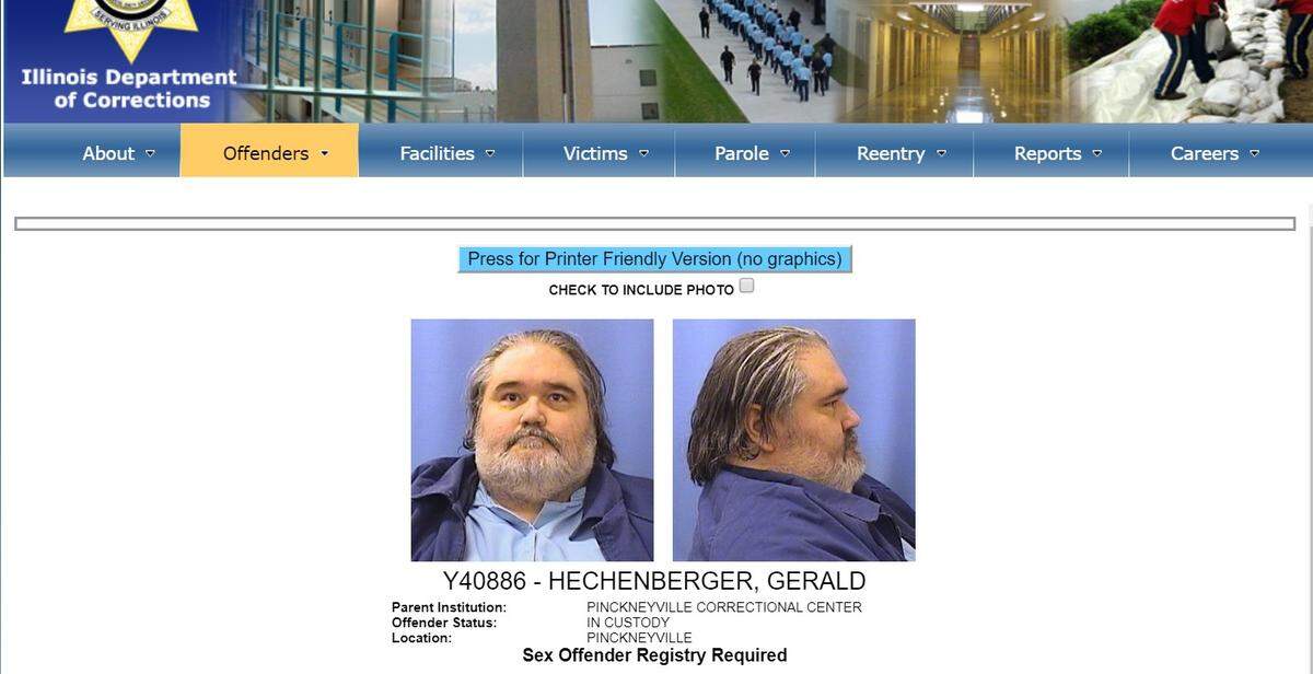 Former priest Gerald Hechenberger is shown on his Illinois Department of Corrections web page before his death in March. He was serving a nine-year sentence at Pinckneyville Correctional Center.
