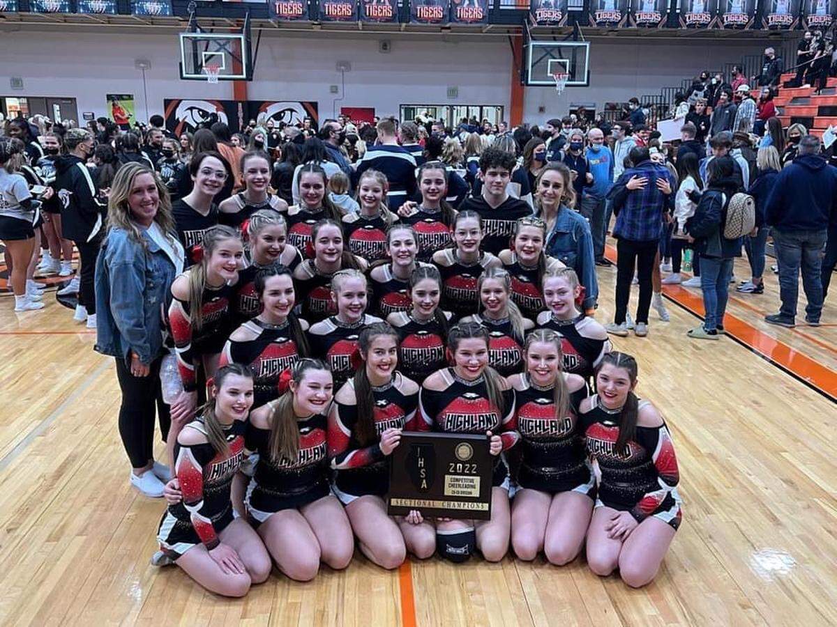The Highland cheerleading squad reached the pinnacle of success this winter when they won the IHSA state cheerleading co-ed division championship. Several members are now taking their talents to the collegiate level. Team members and coaches for the 2021-22 team consisted of, first row, from left, Mya Iberg, Allison Reiling, Brittani Wellen, Rhea Fowler, Kady Shaw and Morgan Flesch; second row, Carolynn Parsons, Morgan Friesner, Kyleigh Buchen, Avery Miles and Riley Mansholt; third row, Lexie Fears, Kara Shaw, Ava Allen, Chloe McTeer, Ava Lercher and Sophia Thomas; fourth row, coach Tess Chlibec, Collin Heldenbrand, Meagan Wieseman, Avery Starwalt, Rylee Thole, Emma Ethridge, Cole Parsons and coach Angie Fears.