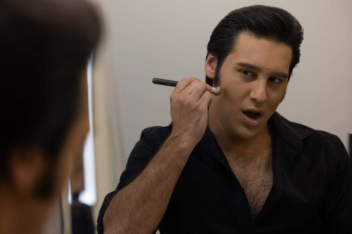 Elvis tribute actor and 49th Place Productions founder Cote Deonath puts on foundation prior to his performance as Elvis at the Gateway Convention Center’s Elvis convention. In addition to makeup, Deonath has to put in blue contacts to perfectly pull off the “Elvis look.” “He was just perfect, man,” Deonath said.