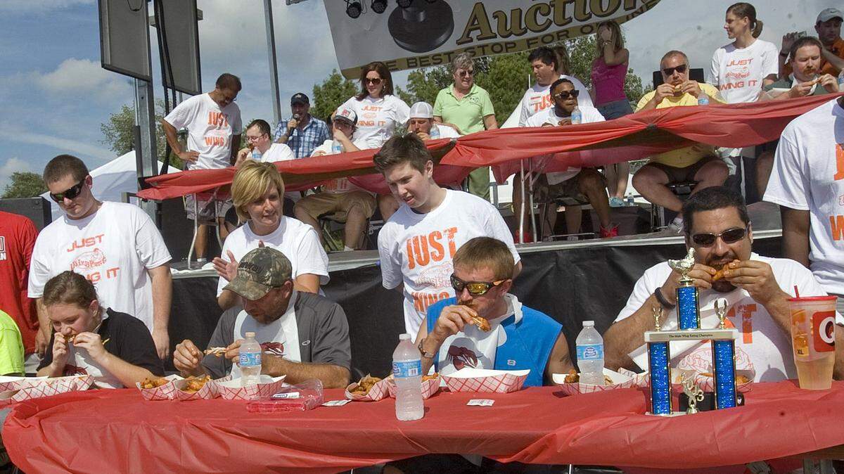 This file photo shows a wing eating contest at the Midwest WingFest in Fairview Heights. This year’s event has been canceled after there were crowd control problems in 2024.