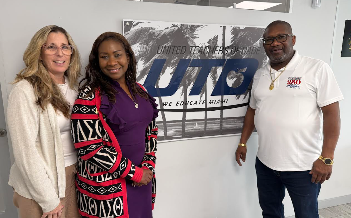 United Teachers of Dade leadership, including Treasurer Mindy Grimes-Festge, left, First Vice President Danielle Boyer, center, and President Antonio White, at their office in Miami Springs.