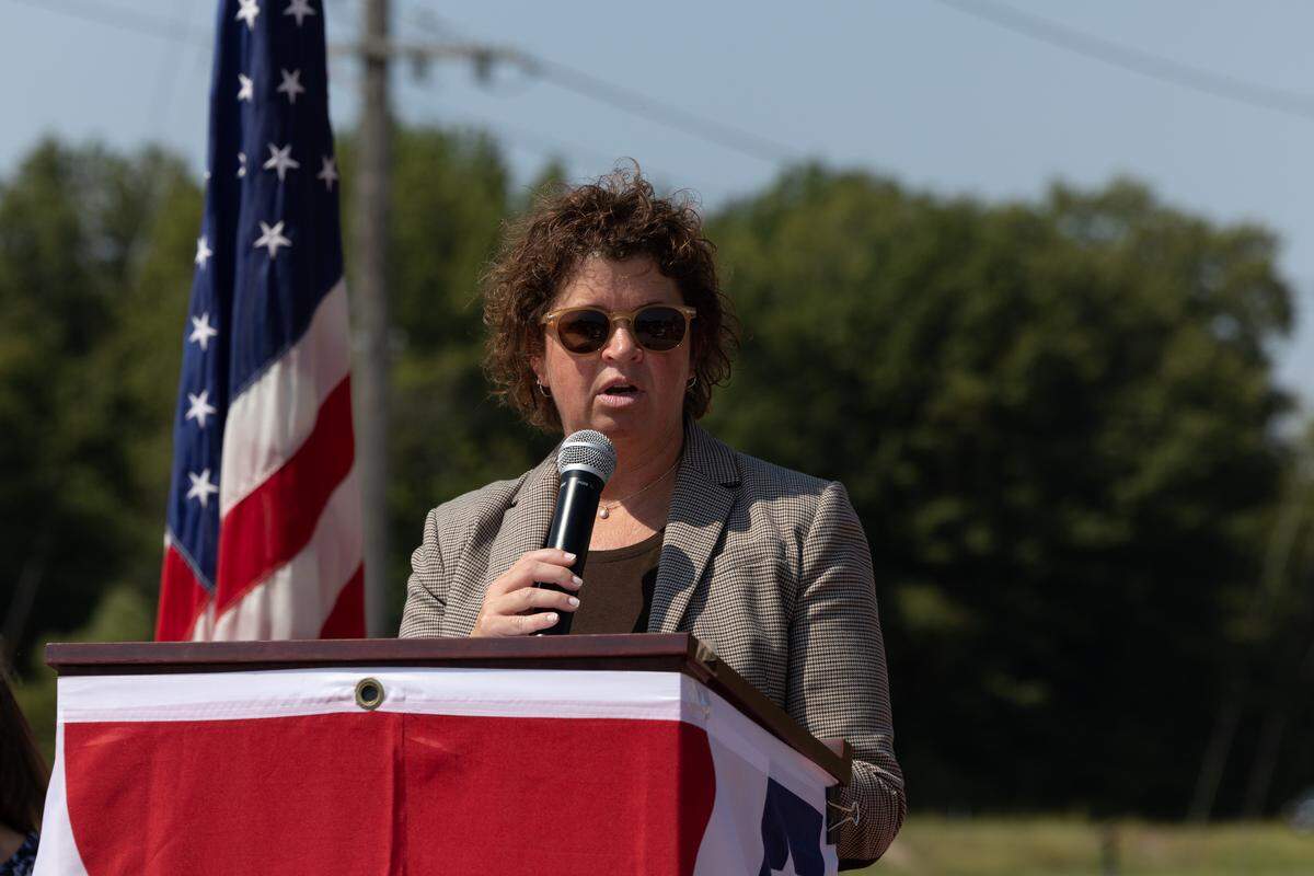 Belleville mayor Jenny Gain Meyer speaks during a commemorative event for September 11 at fire station #4.