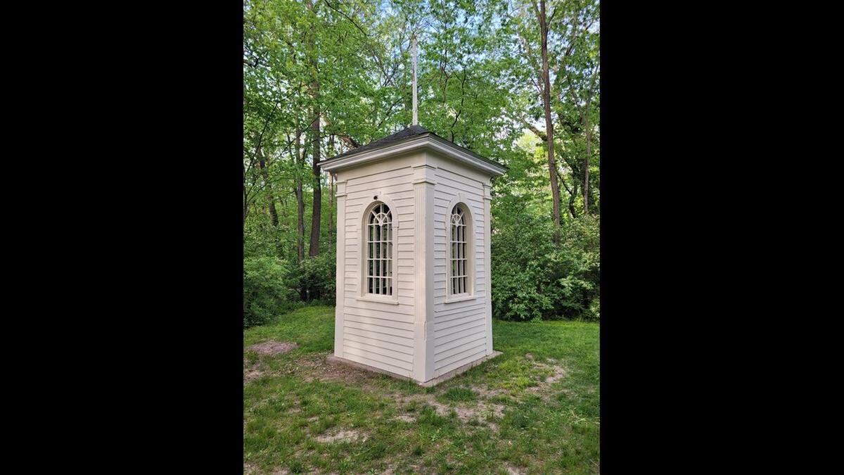 The bell tower has been mostly restored under the U.S. Secretary of the Interior’s guidelines for historic rehabilitation, according to Jacob Rose, president of the Highland Historical Society, except for the finial, as of May 2023.
