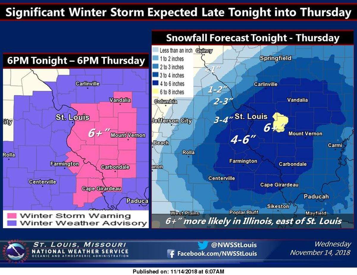 The National Weather Service expected snow to begin falling Wednesday evening.