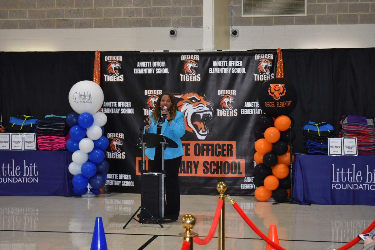 Miranda Walker Jones, chief executive officer of the Little Bit Foundation, speaks during the ribbon-cutting ceremony announcing a partnership with East St. Louis School District 189 at Annette Officer Elementary on Feb. 9, 2024.
