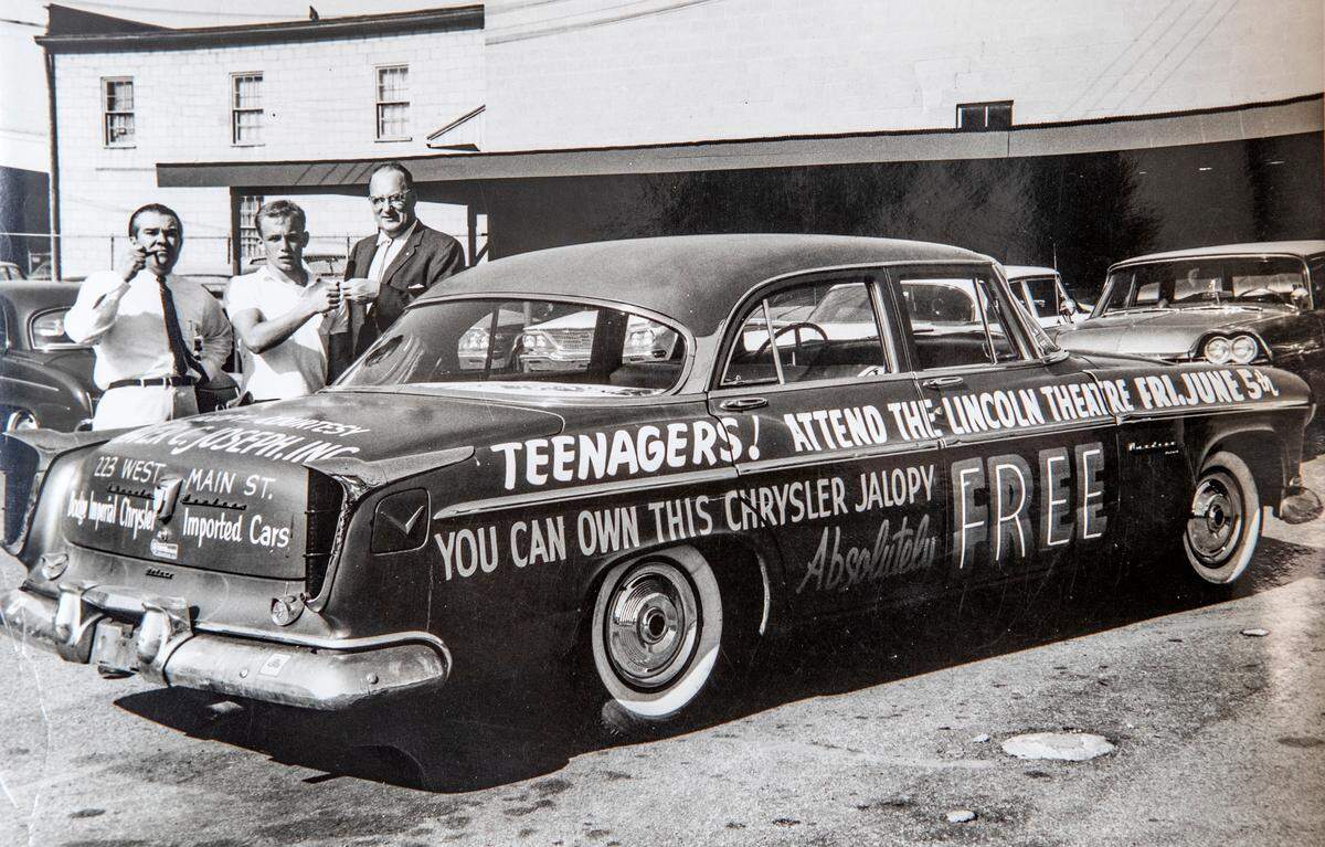 The Lincoln Theater in Belleville once worked with the Oliver C. Joseph car dealership on a promotion to attract teenage customers, giving them a chance to win a new “Chrysler jalopy.”