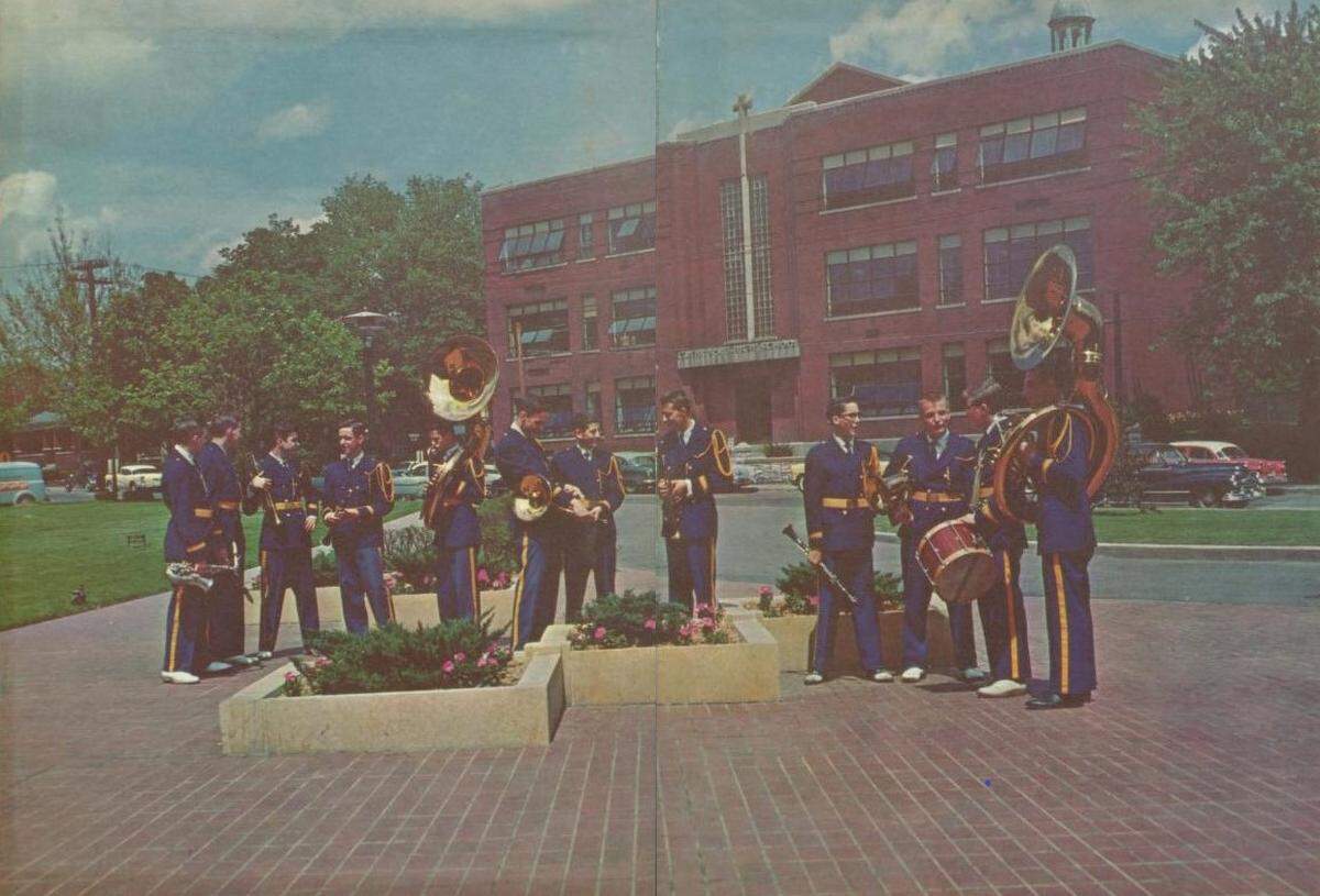 This photo in the 1959 yearbook shows band members gathered in front of Cathedral Central Catholic High School in Belleville.