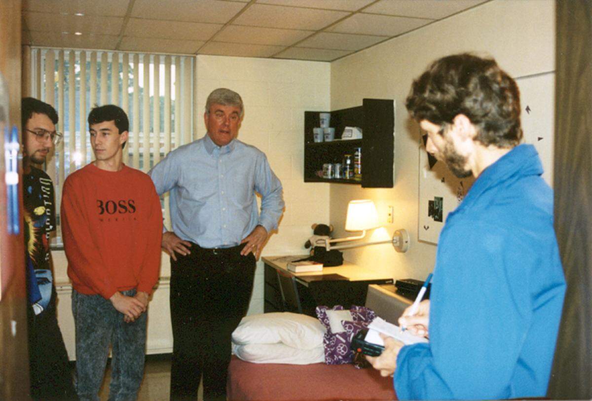 BND reporter Doug Kaufman, right, interviews McKendree University President James Dennis in 1994, when Dennis stayed in a dorm for two weeks to experience student life.