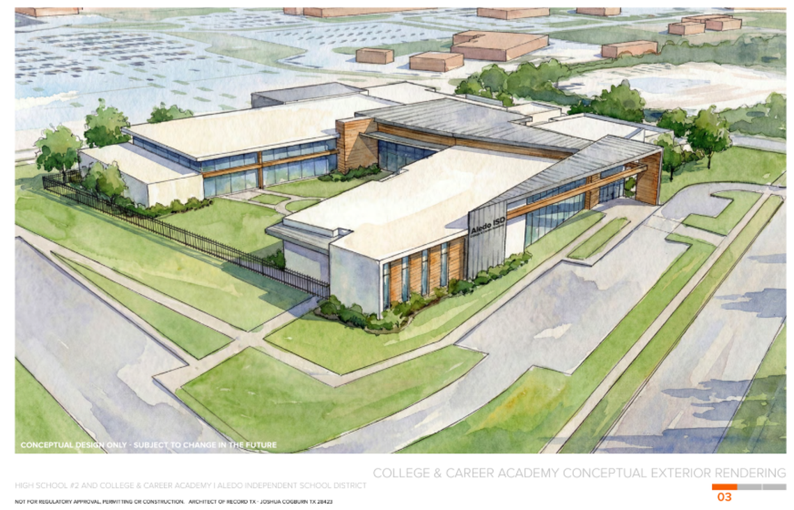 A conceptual design of what a college and career academy part of Aledo ISD could look like. The design was created by the architecture firm, Huckabee, based on planning and feedback from a citizen-led growth committee