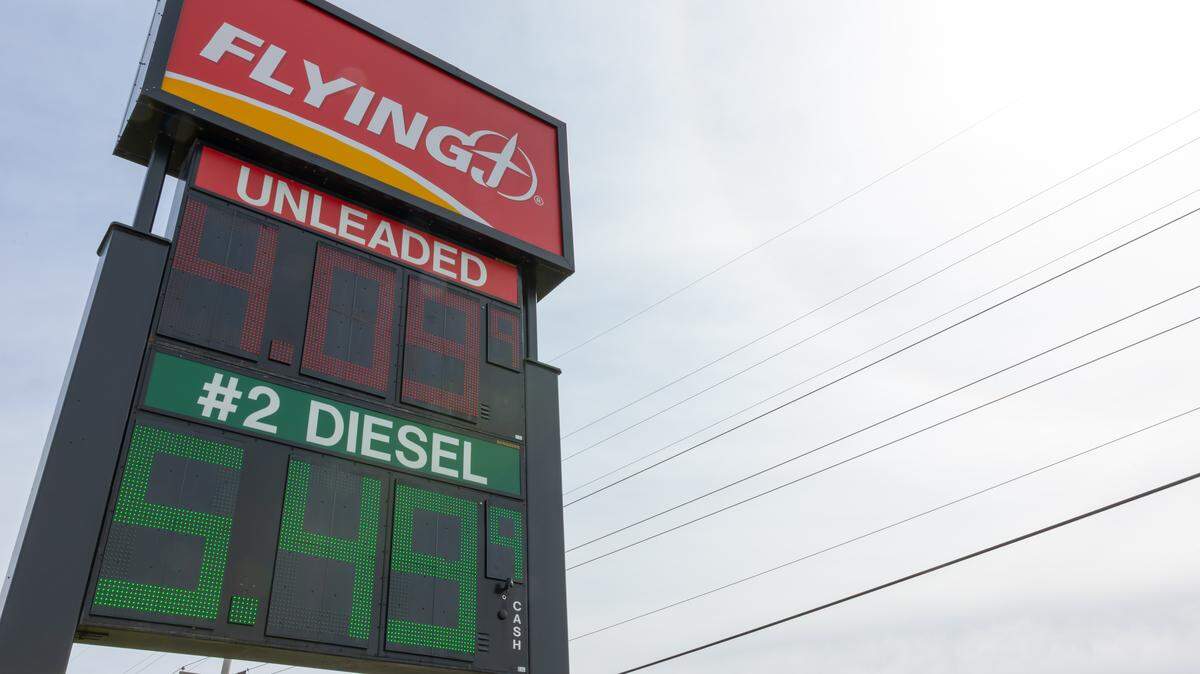 Flying J gas station in East St. Louis advertises unleaded gasoline at $4.09 a gallon and diesel at $5.49 as of March 23, 2026.
