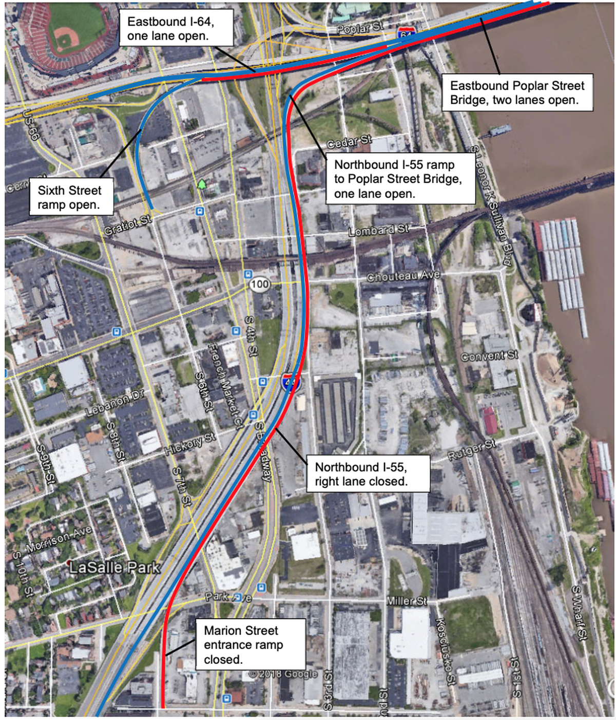 This map shows lane and ramp closures on eastbound I-55/64 approaching the Poplar Street Bridge. Closures could go into effect as soon as April 1.