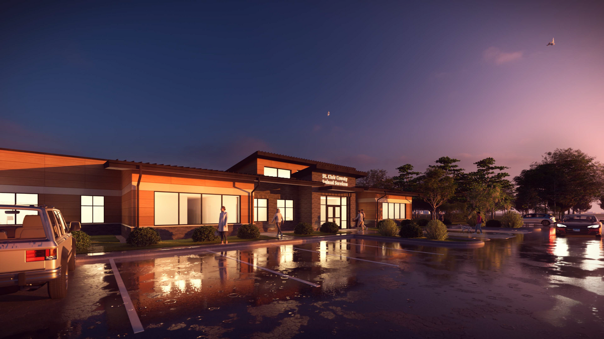 A Woolpert Architecture LLC rendering shows a view from the parking lot of the new St. Clair County Animal Control building.