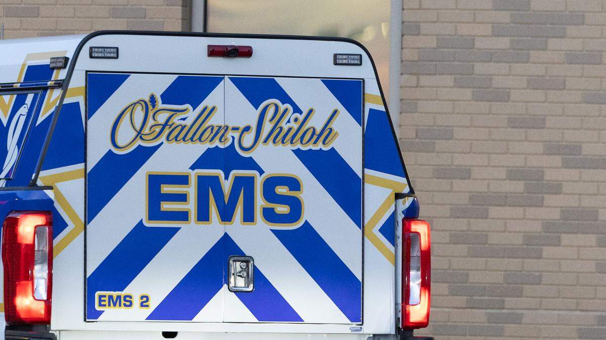 A paramedic vehicle parked outside of HSHS St. Elizabeth’s in O’Fallon.