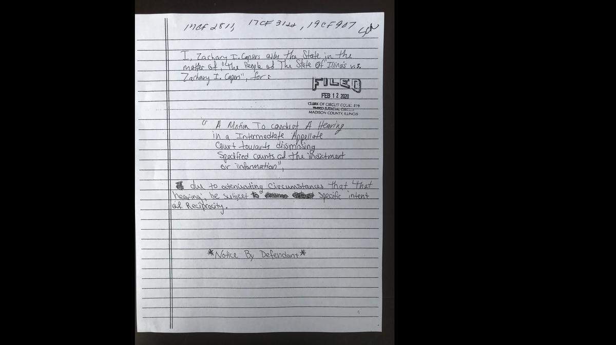 This is the first of three motions filed Feb. 12 by Zachary Capers, who is charged with four counts of first-degree murder in the March stabbing deaths of Edwardsville residents Lois and Michael Ladd.