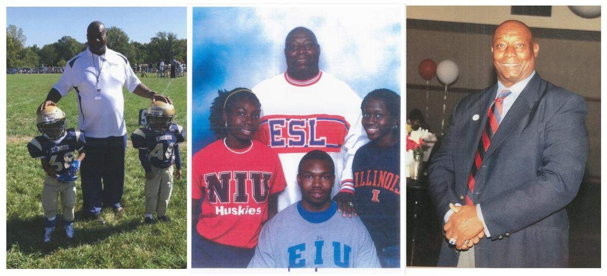 Kevin Anderson coaching Little Knights football in Belleville, left to right, posing with his three children, April, Kevin Jr. and Jacques, and working at a fundraiser in 2018.