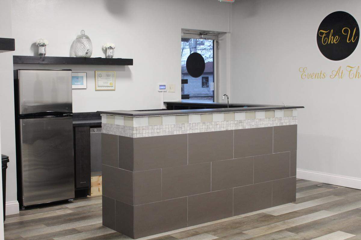 Events at The U has a bar with a refrigerator, food-warming cabinet and small sink. People can bring their own food and alcohol.
