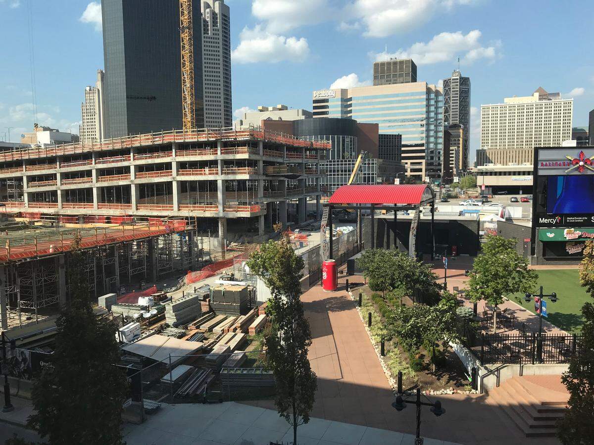 St. Louis Cardinals President Bill DeWitt III used his cellphone to snap this photo of the Ballpark Village construction site from the window of his third-floor office in Busch Stadium recently.